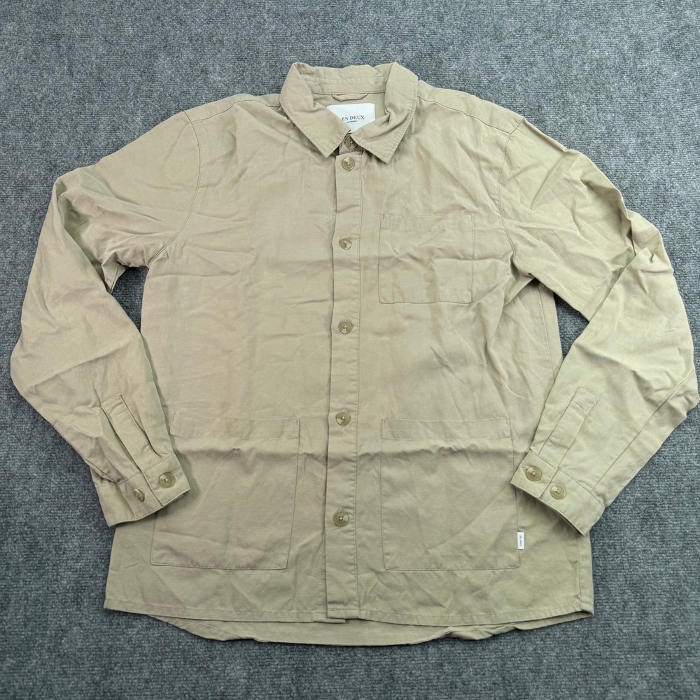 Les Deux Shirt Men Large Beige Jason Linen Tencil Hybrid Utility Button Up *READ